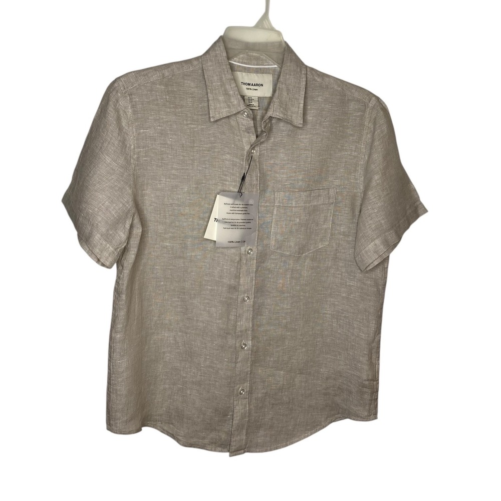 Thom Aaron Mens Tan 100% Linen Short Sleeve Button Down Shirt Medium NWT